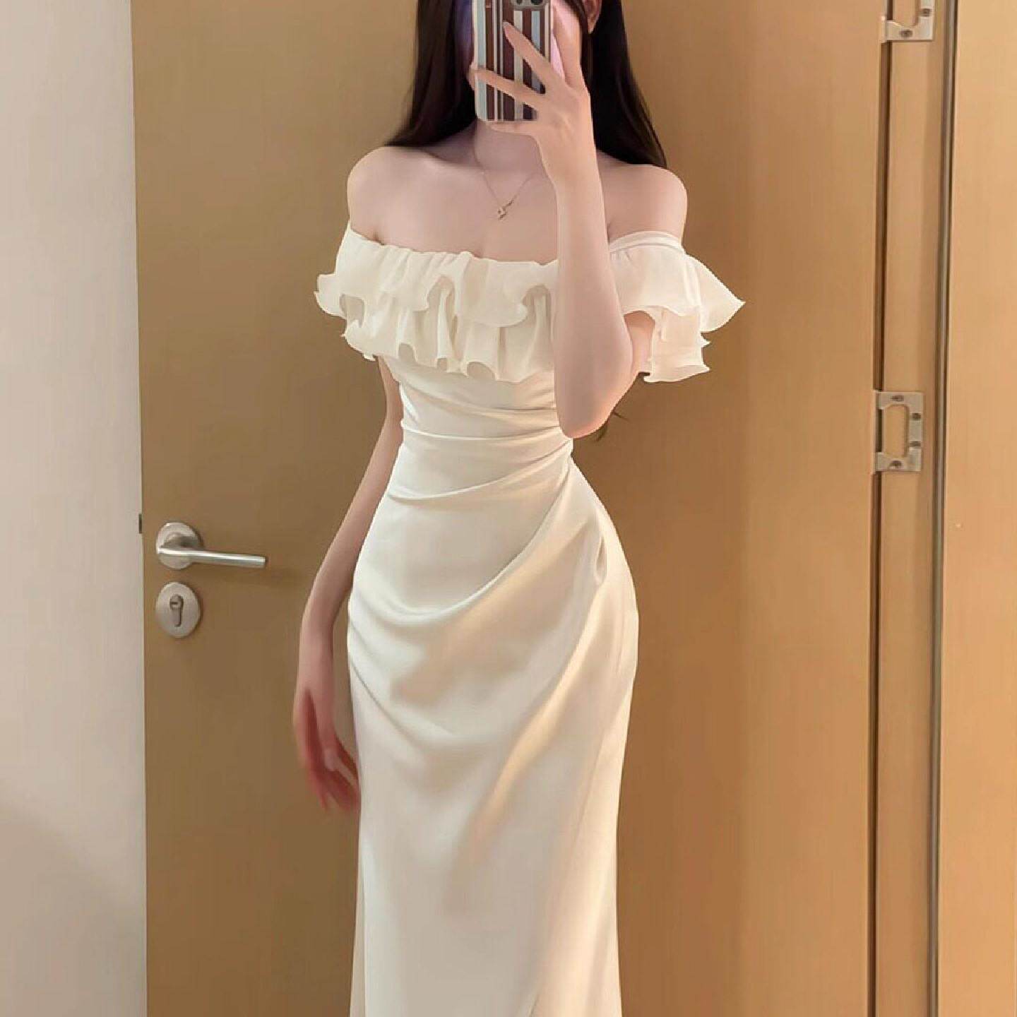 高端法式气质名媛荷叶边一字肩连衣裙绝美掐腰包臀宴会礼服裙26夏