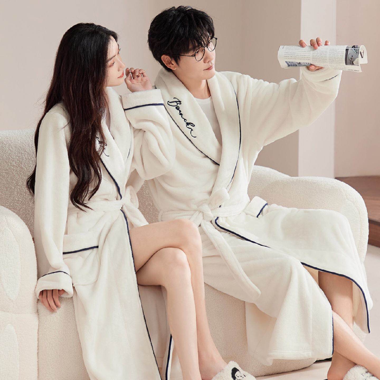 男士睡袍女款2025新款秋冬款法兰绒情侣浴袍珊瑚绒睡衣长款家居服