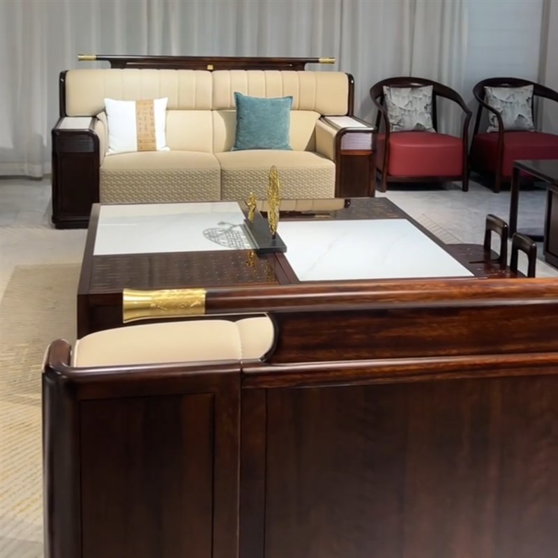 新中式实木沙发组合现代轻奢真皮沙发乌金木大户型样板房客厅家具