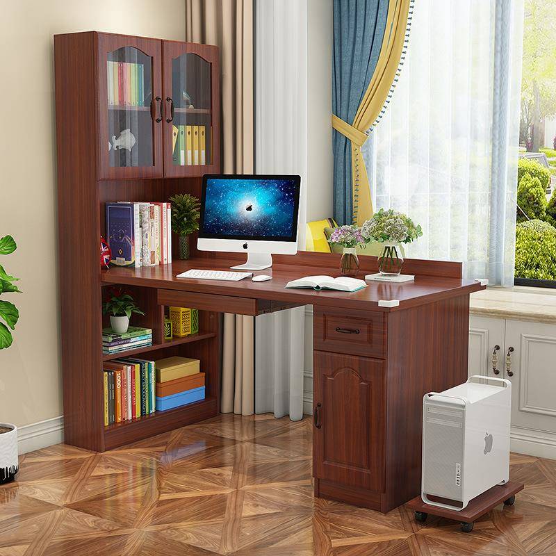 学生写字桌实木儿童学习桌带书架转角书桌书柜一体家用电脑桌组合