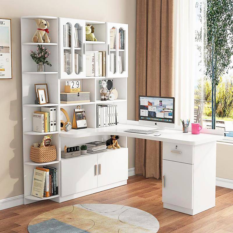 实木转角书桌书架组合电脑台式写字桌书柜家用儿童卧室拐角学习桌