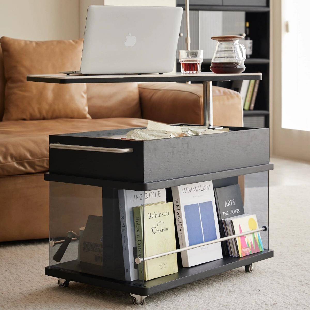 客厅可移动茶几极简家用实木升降小型长方形茶桌边柜沙发边几带轮