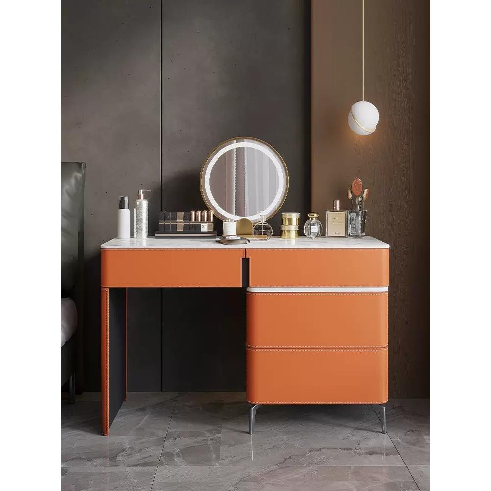 意式极简梳妆台岩板马鞁皮卧室带床头柜储物一体可伸缩化妆桌组合