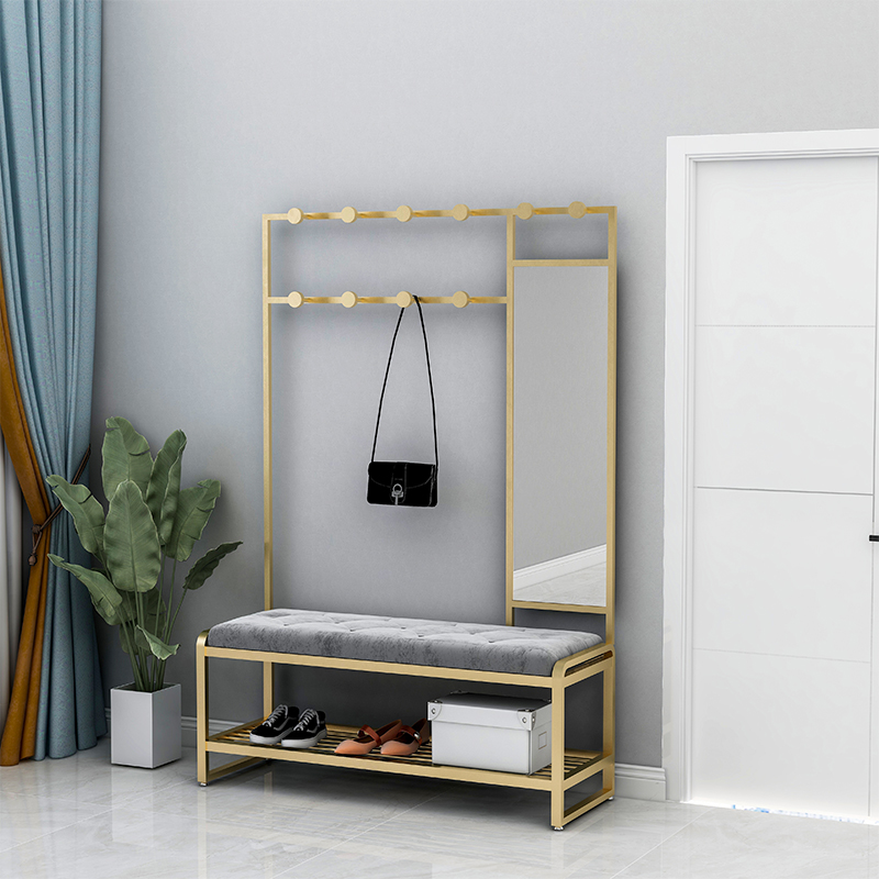 现代简约衣帽架换鞋凳可坐鞋架家用挂衣架带镜子一体组合落地玄关