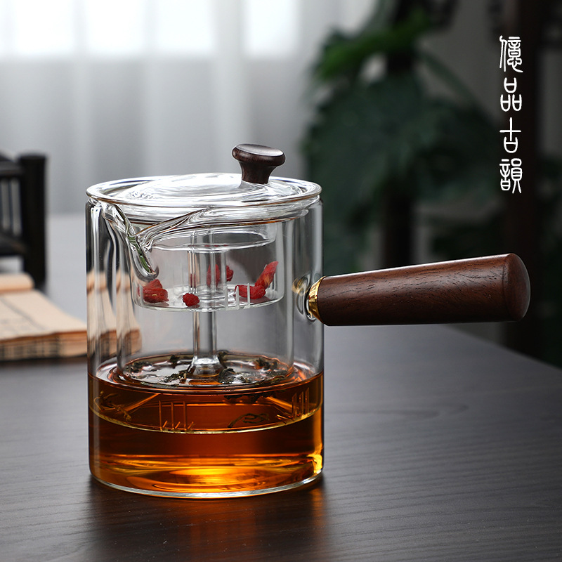 耐高温实木侧把玻璃茶壶烧水壶蒸煮两用煮茶壶黑晶炉煮茶器