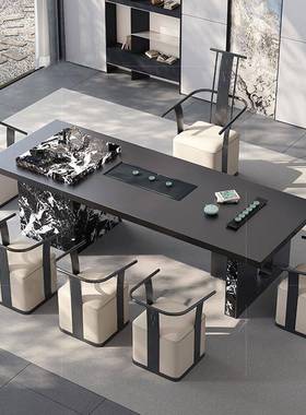 意式极简轻奢岩板茶桌椅组合2025新款高端茶具茶台别墅纯黑岩板桌