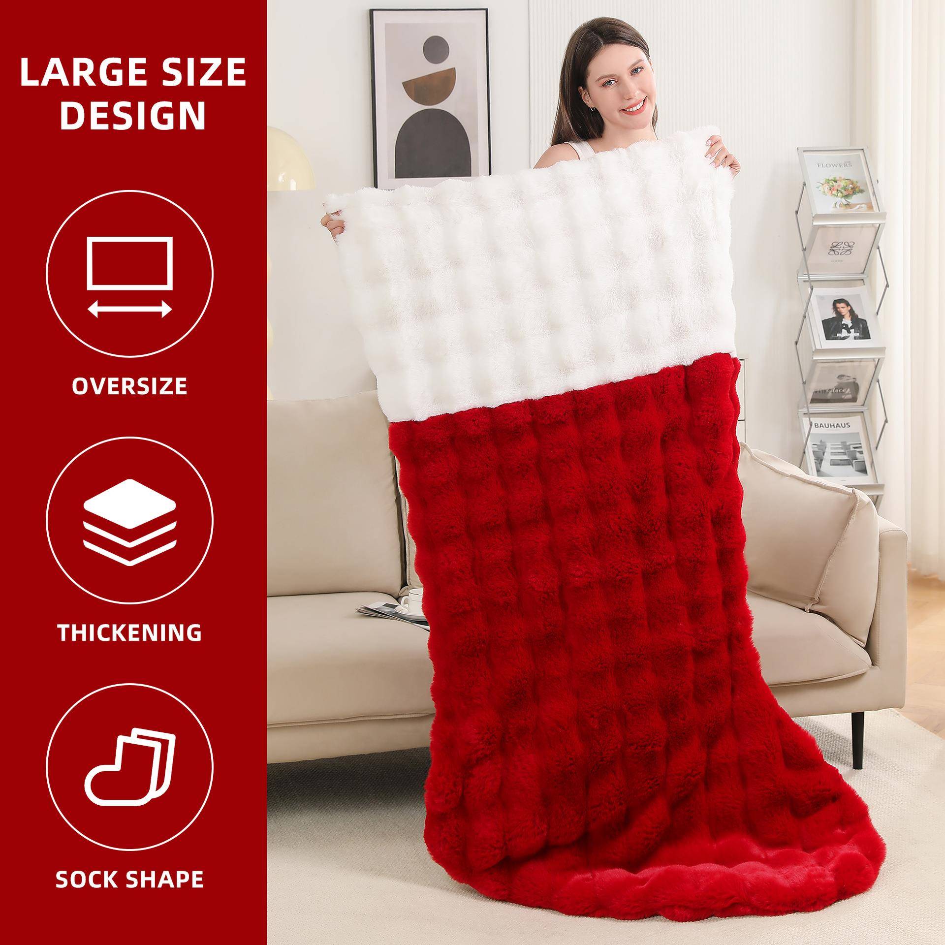 新款托斯卡纳加厚泡泡绒双面仿兔毛毛毯袜子拼接毯子