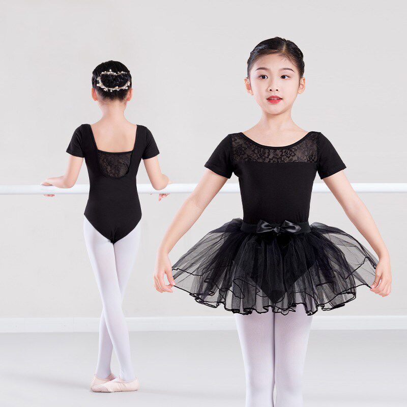 儿童舞蹈服夏季短袖练功服芭蕾舞黑色蕾丝体操服幼儿园跳舞蓬蓬裙