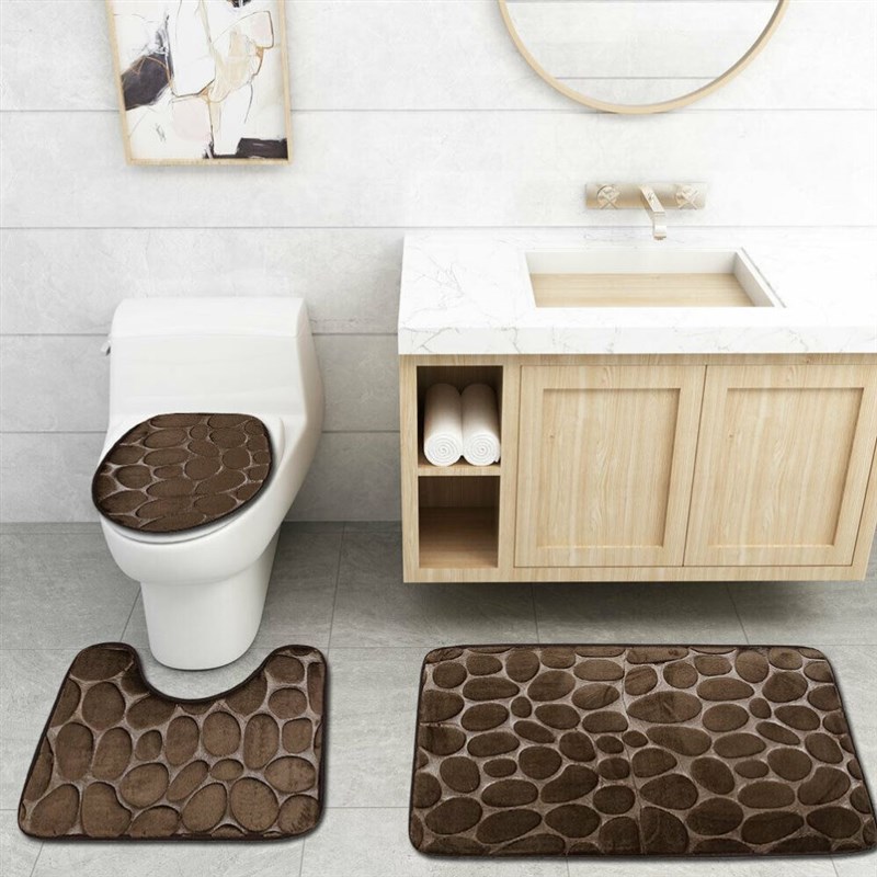 3PCS Set Bath Mat Rug Non Slip Push Bathroom Toilet Seat Li