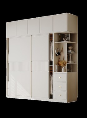 奶油风推拉门衣柜简约现代白色卧室储物柜子小户型家用滑移门衣橱