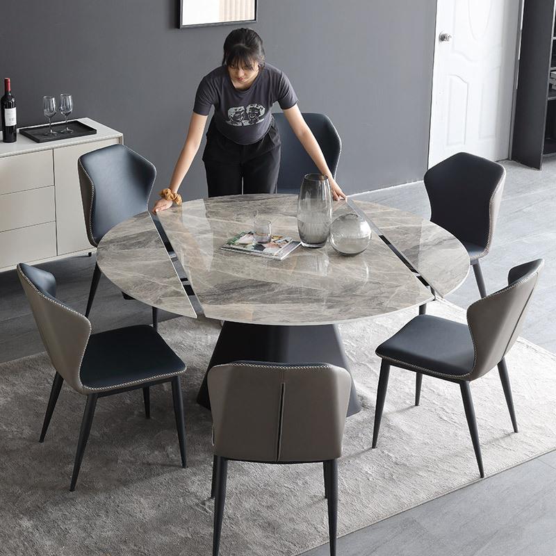意式伸缩岩板餐桌椅组合北欧餐厅多功能6人饭桌可旋转方桌变圆桌