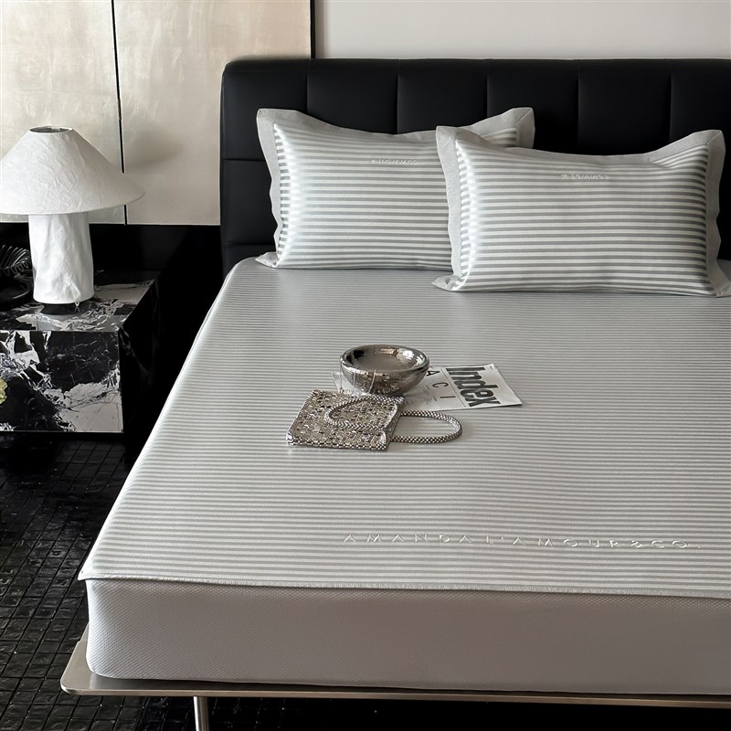 E 夏日A类抗菌冰丝席 加大尺寸条纹刺绣凉席床笠款可洗