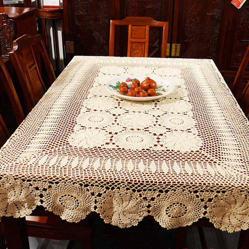 手工钩织花卉镂空家居棉布艺方形欧式餐桌台布麻沙发茶几杯垫白色