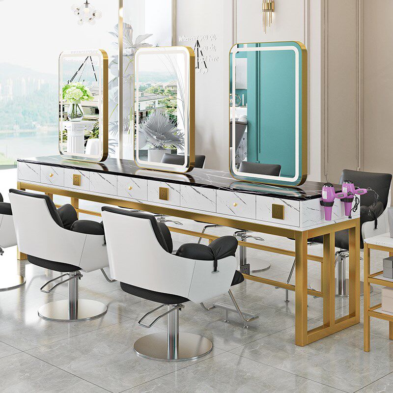 理发镜台美发店单面剪发镜柜子一体发廊大理石带灯双面烫染桌