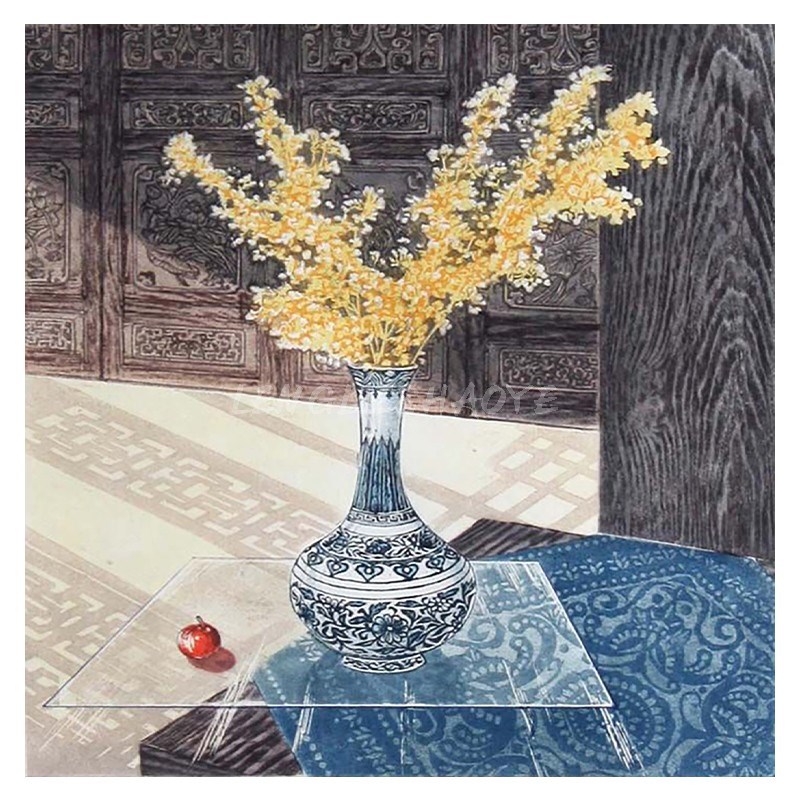 宋代美学手绘油画中式桌面摆件客厅餐厅装饰画植物青花瓷玄关挂画图片