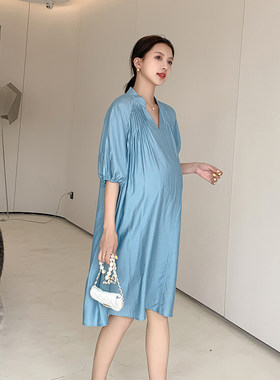 孕妇夏装连衣裙大码孕晚期孕妇装夏款2023新款夏季v领职业装裙子