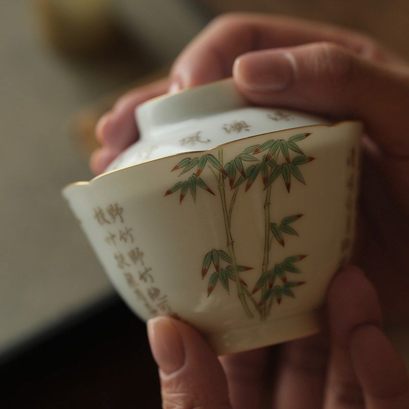 (限)[虚节]粉彩竹枝盖碗诗文茶杯小葵口泡茶碗弥云斋,家居饰品,桌面摆件,淘宝优惠券,粉丝福利购,淘宝优惠卷