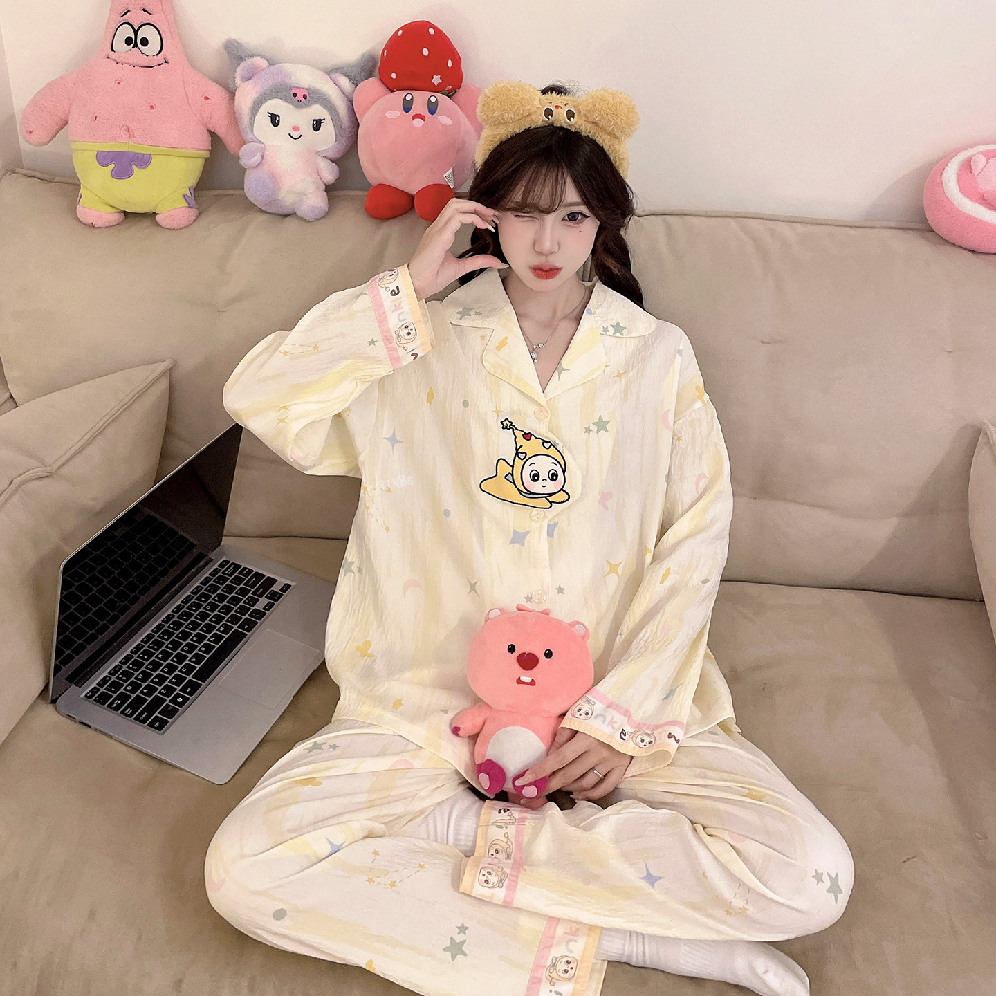 睡衣女星星人云朵棉长袖开衫套装