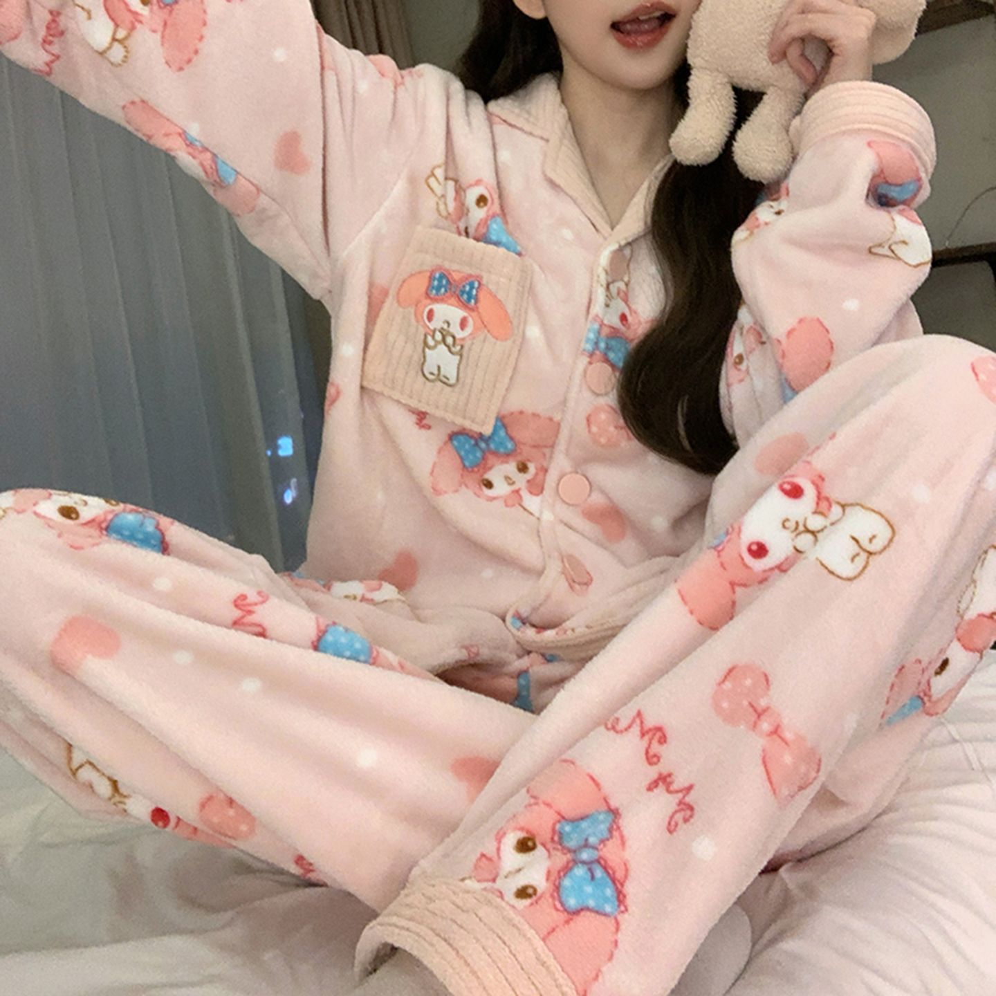 冬季法兰绒美乐蒂睡衣女2025新款可爱加厚珊瑚绒家居服套装可外穿