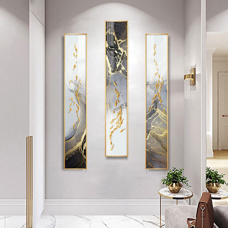 创意轻奢抽象金色装饰画现代游鱼竖长条走廊过道玄关挂画水墨定做图片