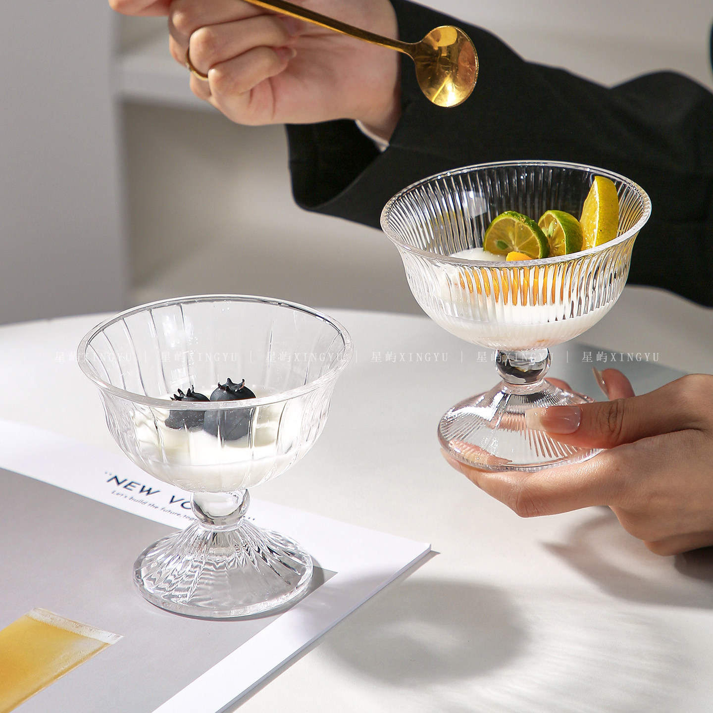 创意条纹雪糕碗玻璃杯高级咖啡杯