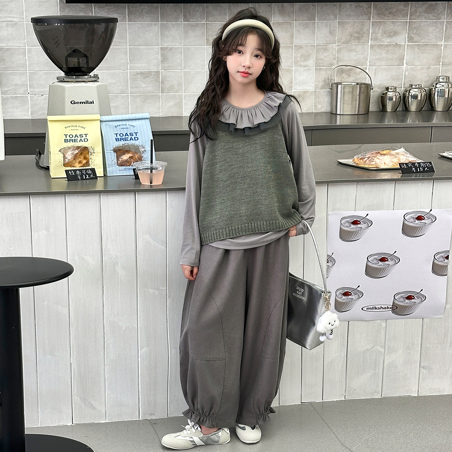 女童春秋娃娃领针织背心三件套