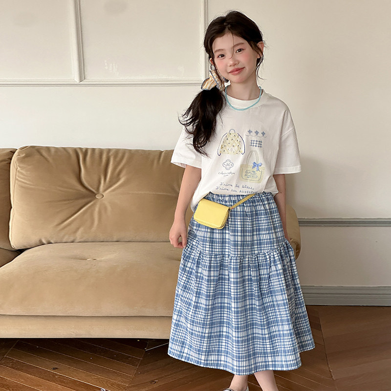 女童夏季韩系洋气T恤格子裙套装