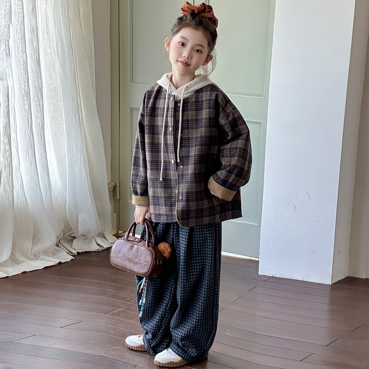 女童外套春秋韩版洋气格子双面穿