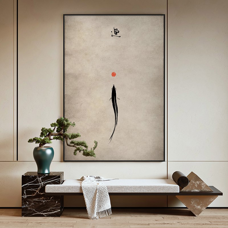 水墨游鱼新中式客厅装饰画中古侘寄风玄关茶室挂画酒店民宿壁画框图片