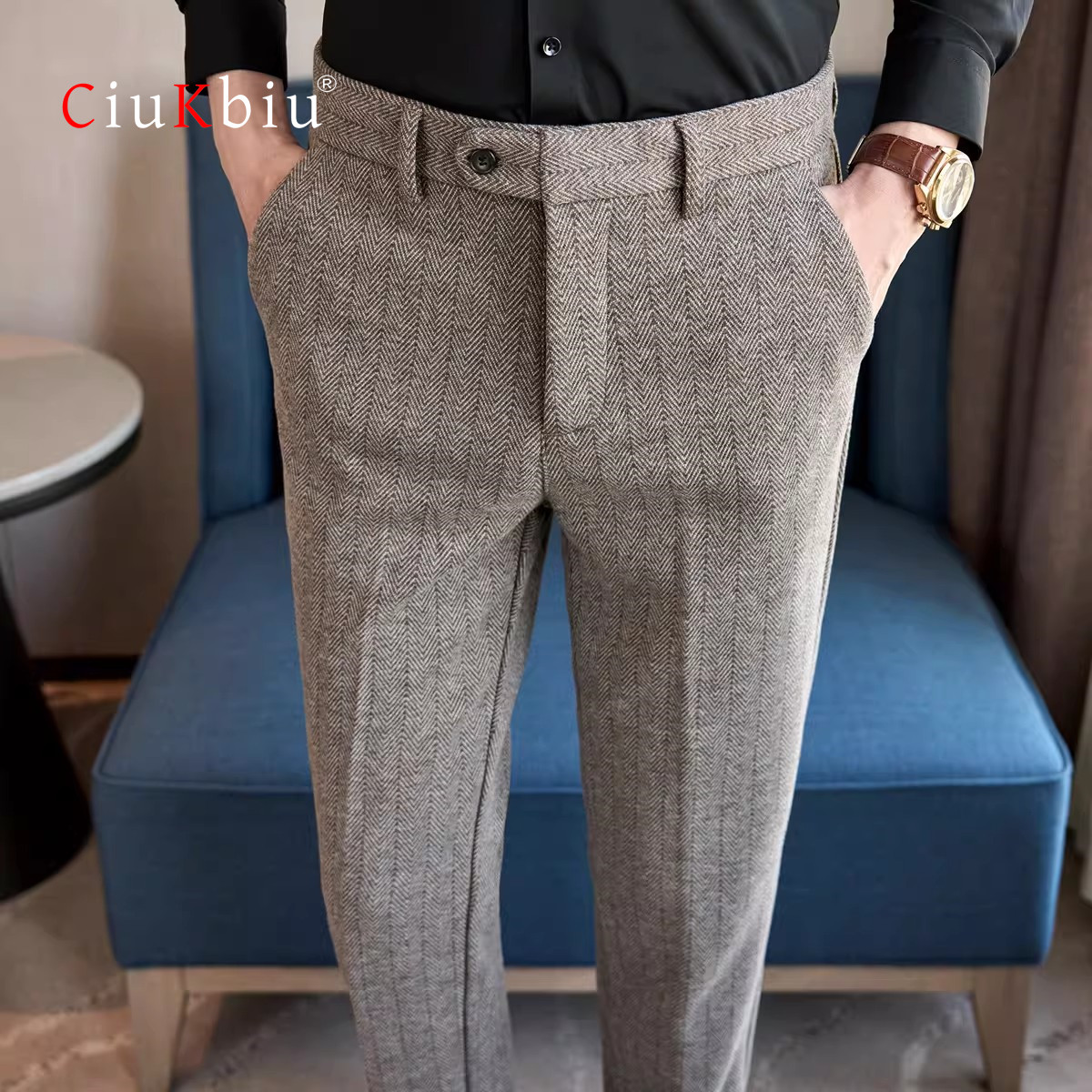 意大利正装毛呢西裤男士加厚人字纹休闲裤男修身商务西装裤子男款