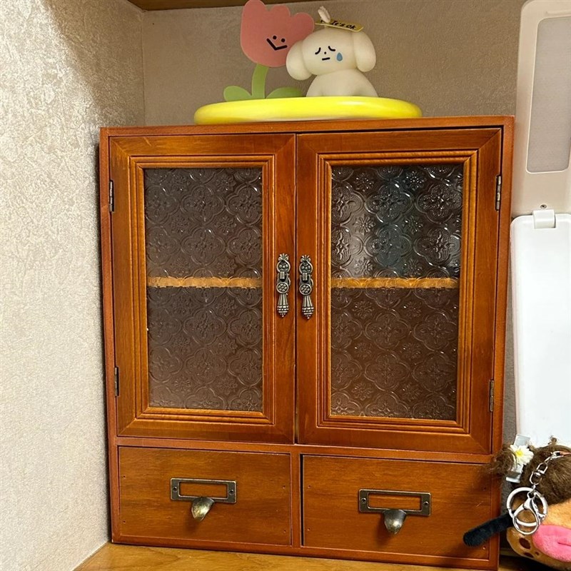 桌面收纳木质小柜子复古收纳柜杯子置物柜桌面化妆品展示架子做旧