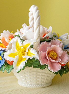 篮瓷花陶手捏瓷花饰级家居装高品牡丹玫瑰花中式艺术摆件室内招财