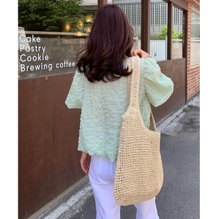 日韩百搭可爱少女包包度假风大容量沙滩包复古单肩包纸绳编织包