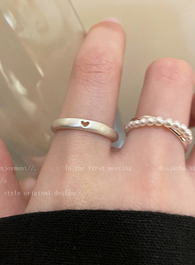 银色爱心拉丝素圈开口戒指女生叠戴食指戒小众设计轻奢高级感指环