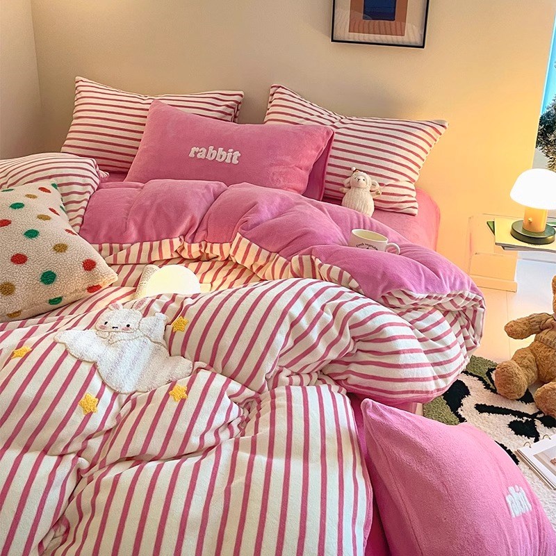 公主风多巴胺色秋冬加绒新款法兰床单