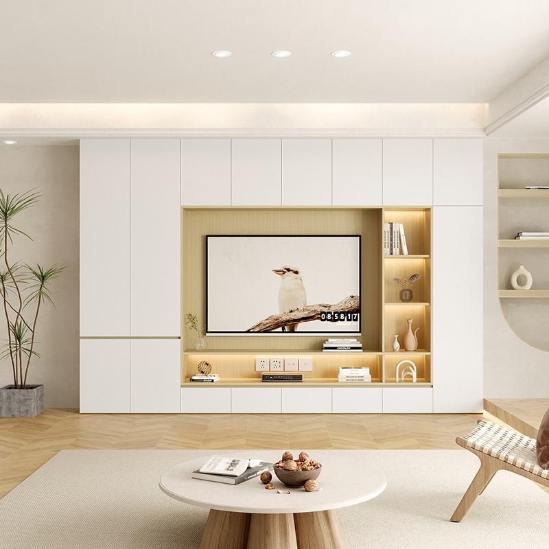 电视柜一体组合墙背景墙客厅实木定制现代简约满墙书柜原木奶油风