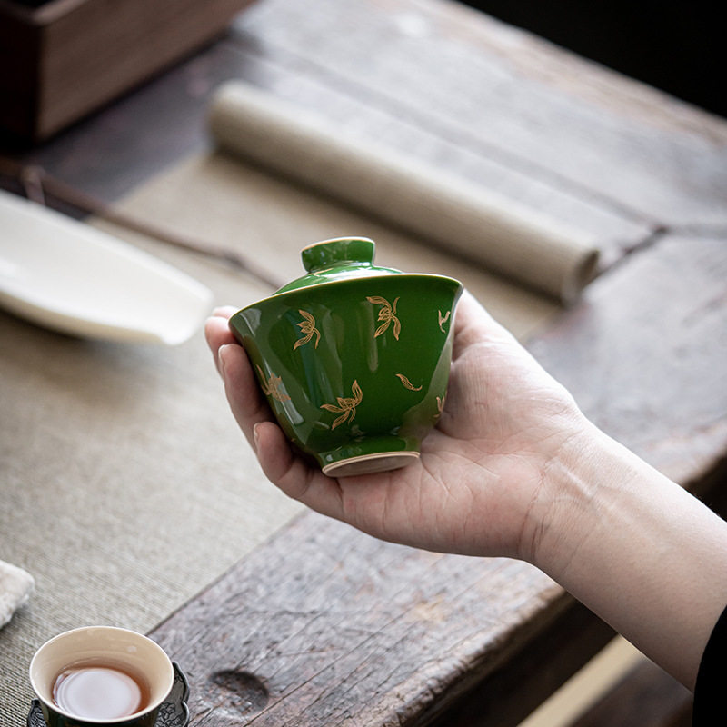 盖碗带盖泡茶杯单个精品茶盏套碗祖母绿陶瓷功夫茶具茶装大号