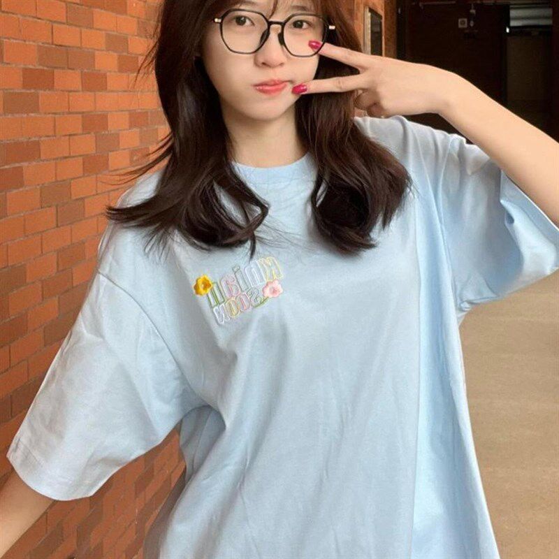 美式国潮刺绣字母纯棉短袖t恤女夏季新款宽松显瘦小清新情侣上衣