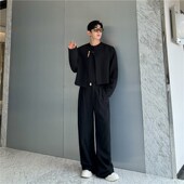 男极简风直筒长裤 秋装 西服套装 多扣设计走线无领短款 两件套 小中式