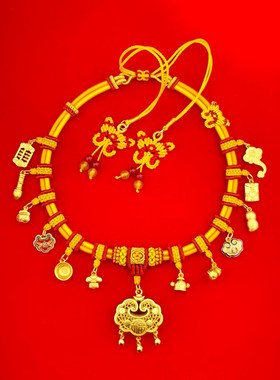 网红新款宝宝项圈金锁编绳手工编织婴儿满月项链儿童周岁长命锁绳