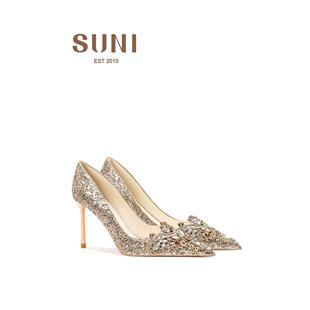 苏小茵水钻婚鞋女RC秀禾鞋新款水晶金色中式新娘鞋细跟高跟鞋两穿