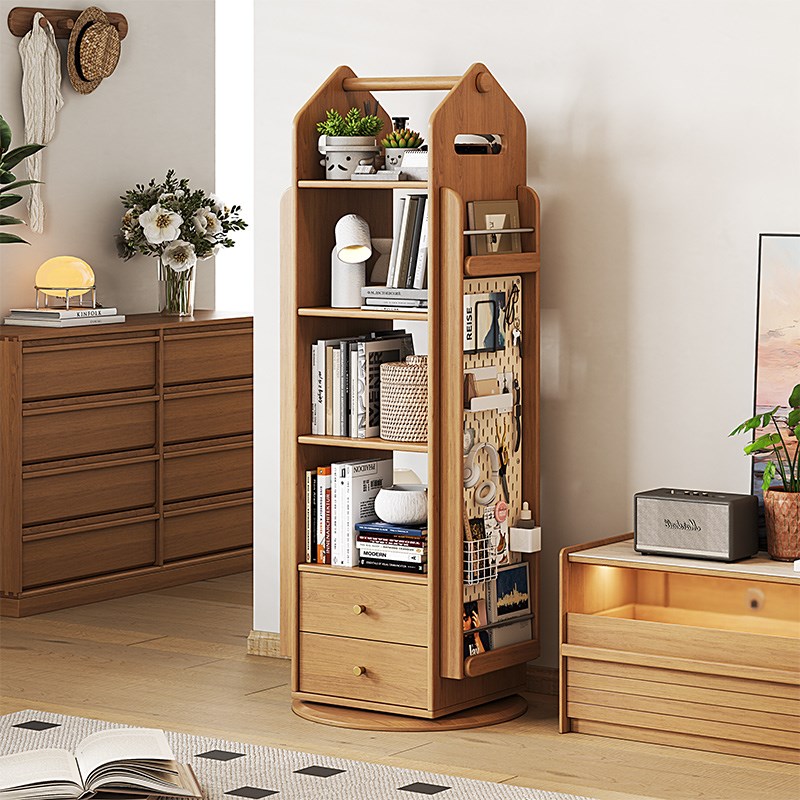 RVR实木书架360旋转落地烤漆卧室家用中古北欧洞洞板收纳置物架