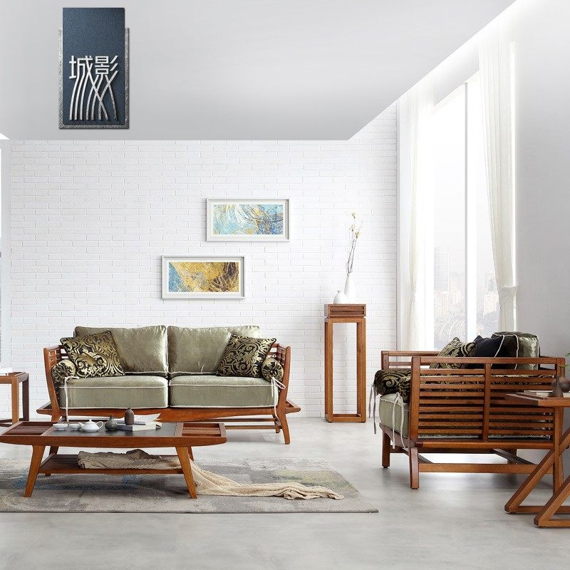 新中式东南亚风格槟榔色家具胡桃木全实木原木度假房布艺组合沙发