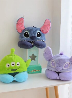 可爱卡通紫色史迪仔史迪奇连帽U型护颈枕午睡枕旅行飞机带帽子u枕