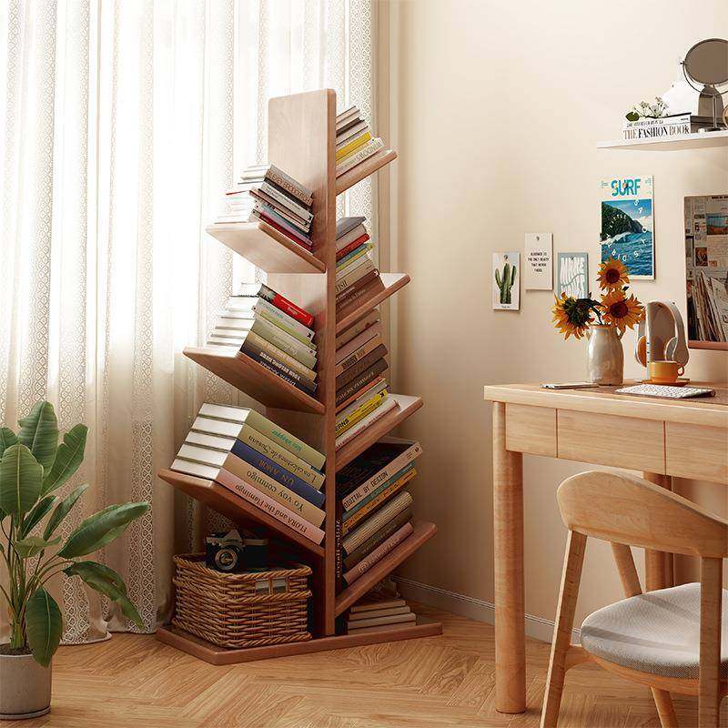 实木书架树形落地置物架家用简易书柜靠墙收纳架子创意桌边绘本架