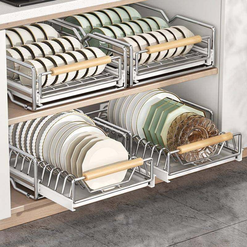 不锈钢碗碟收纳架厨房橱柜内置物架抽屉式拉篮抽拉放盘子沥水舟泽