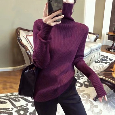 欧货羊绒打底衫女装秋冬毛衣内搭洋派紫红色堆堆高领上衣针织衫潮