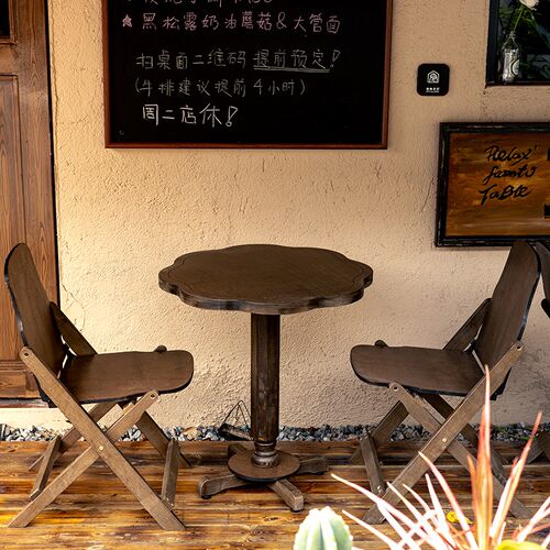 复古实木桌子阳台桌室内户外折叠靠背椅子小户型小茶几圆桌咖啡桌