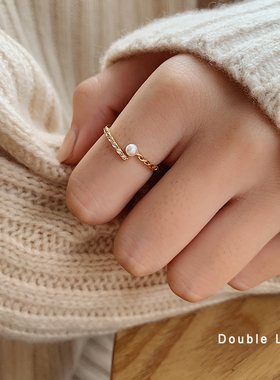 可调节戒指 高保色精致简约珍珠排锆开口戒 百搭韩国气质网红戒指