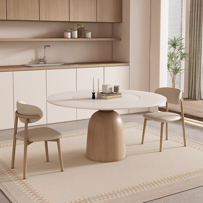 奶油风岩板圆餐桌家用带转盘现代简约纯白色饭桌日式实木餐桌圆桌,住宅家具,岩板餐桌,淘宝优惠券,粉丝福利购,淘宝优惠卷